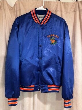 Blue Satin Florida Varsity Bomber Jacket with Orange Trim